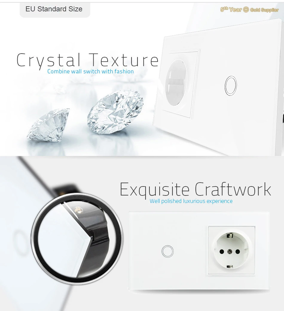 Touch Light Switch With EU Wall Socket Black 1 Gang 1 Way Led Interruptor Crystal Dark Blue Backlight Wallpad Home Improvemet