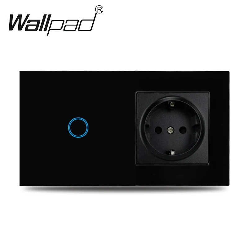 Touch Light Switch With EU Wall Socket Black 1 Gang 1 Way Led Interruptor Crystal Dark Blue Backlight Wallpad Home Improvemet
