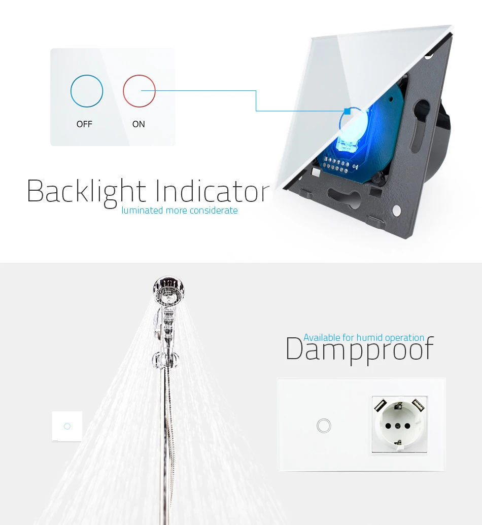 Touch Light Switch With EU Wall Socket Black 1 Gang 1 Way Led Interruptor Crystal Dark Blue Backlight Wallpad Home Improvemet