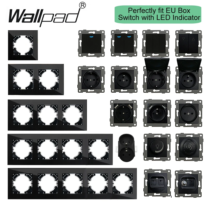 Touch Light Switch With EU Wall Socket Black 1 Gang 1 Way Led Interruptor Crystal Dark Blue Backlight Wallpad Home Improvemet