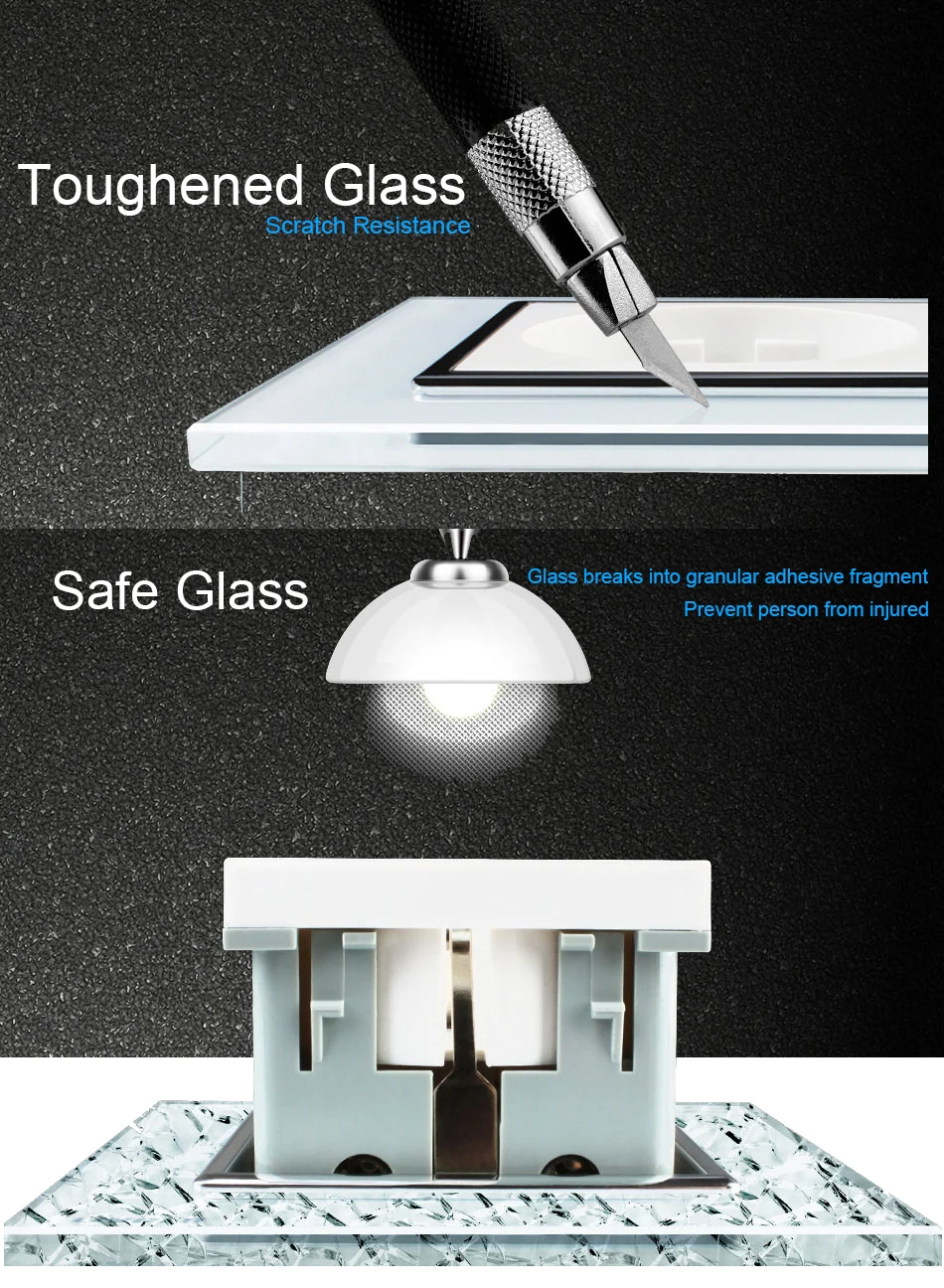 Touch Light Switch With EU Wall Socket Black 1 Gang 1 Way Led Interruptor Crystal Dark Blue Backlight Wallpad Home Improvemet