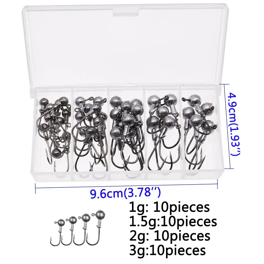 WODJYJ a box 1g 1.5g 2g 3g 3.5g fishing hook jig round head hook with mix colors , fishing tackle hook for soft grub worm baits