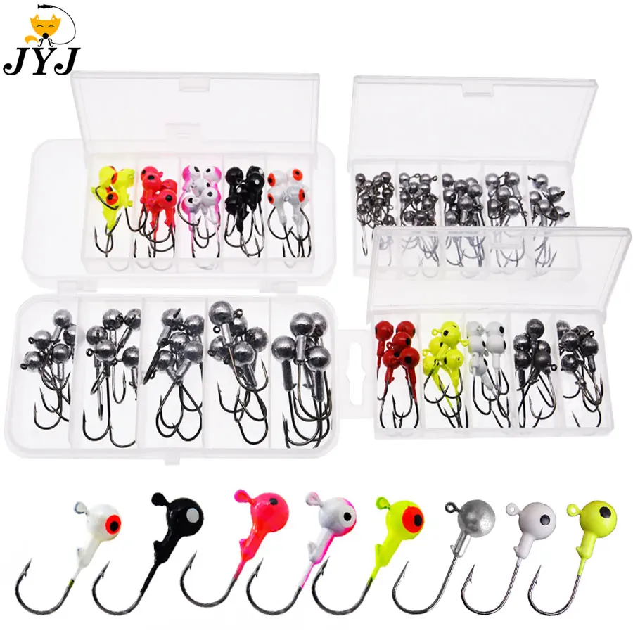 WODJYJ a box 1g 1.5g 2g 3g 3.5g fishing hook jig round head hook with mix colors , fishing tackle hook for soft grub worm baits