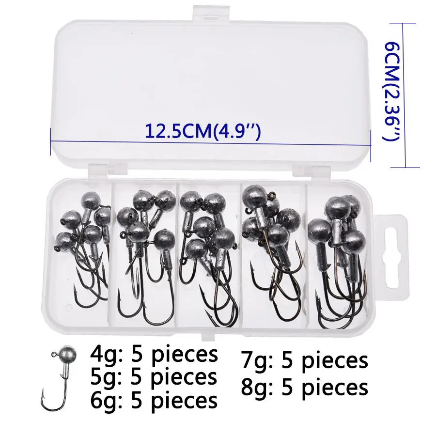 WODJYJ a box 1g 1.5g 2g 3g 3.5g fishing hook jig round head hook with mix colors , fishing tackle hook for soft grub worm baits