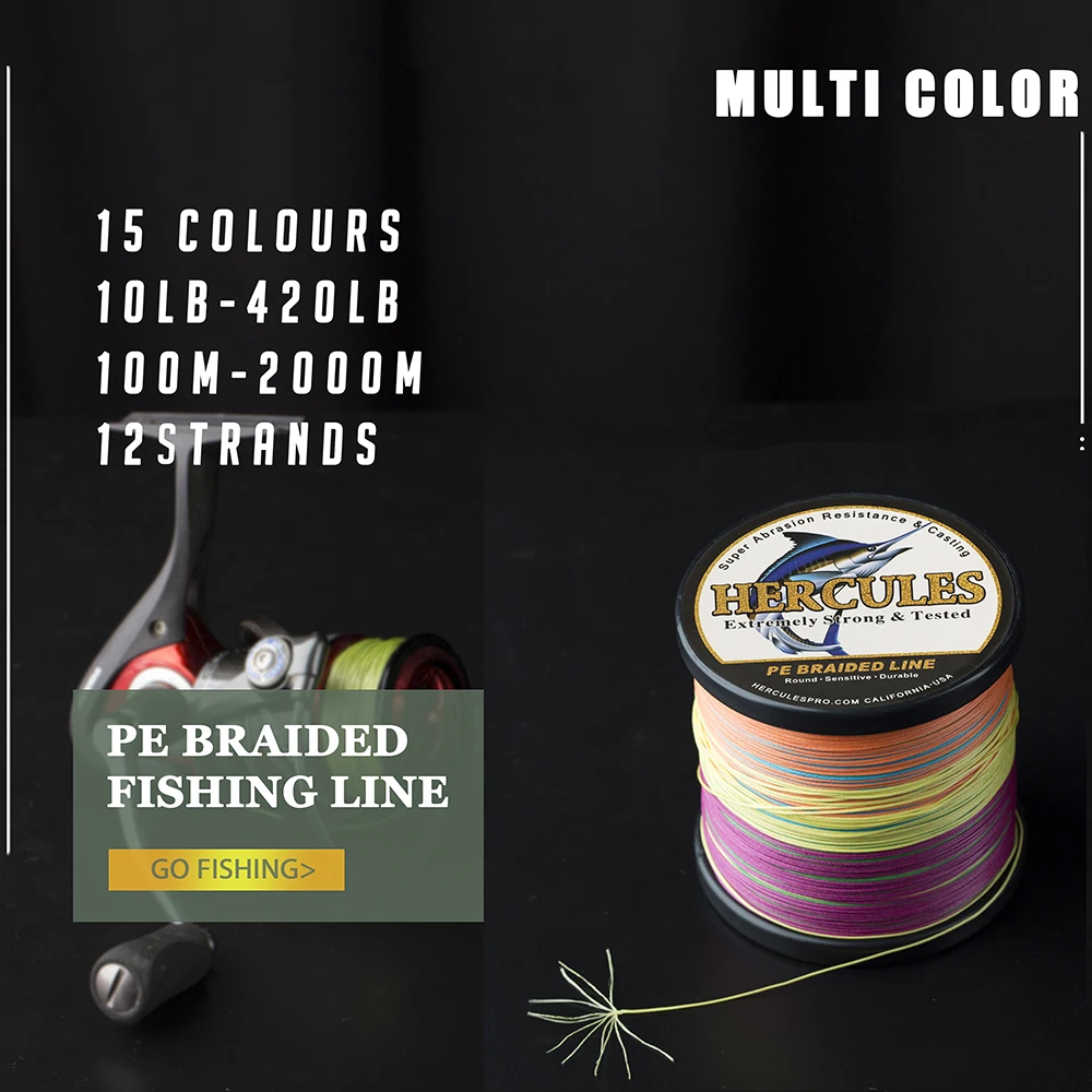 Hercules Fishing Line 12 Strands Carp Accessories 100-2000M PE Braided Wire Camo 10-420LB Fishing Cord Pesca Supplies Tackle