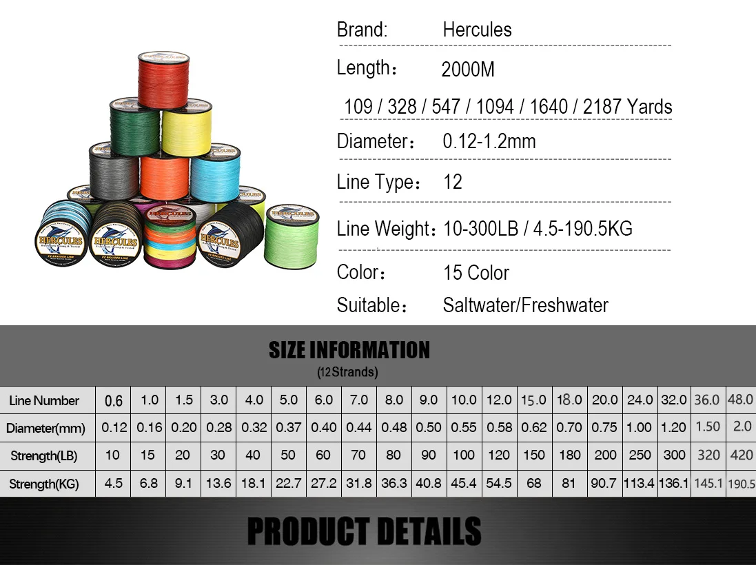 Hercules Fishing Line 12 Strands Carp Accessories 100-2000M PE Braided Wire Camo 10-420LB Fishing Cord Pesca Supplies Tackle