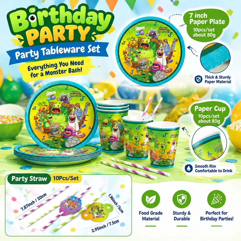 My Singing Monsters Cartoon Animation Theme Cake Flag Swirls Straw Happy Birthday Party Decor Favor Decoration Suplies