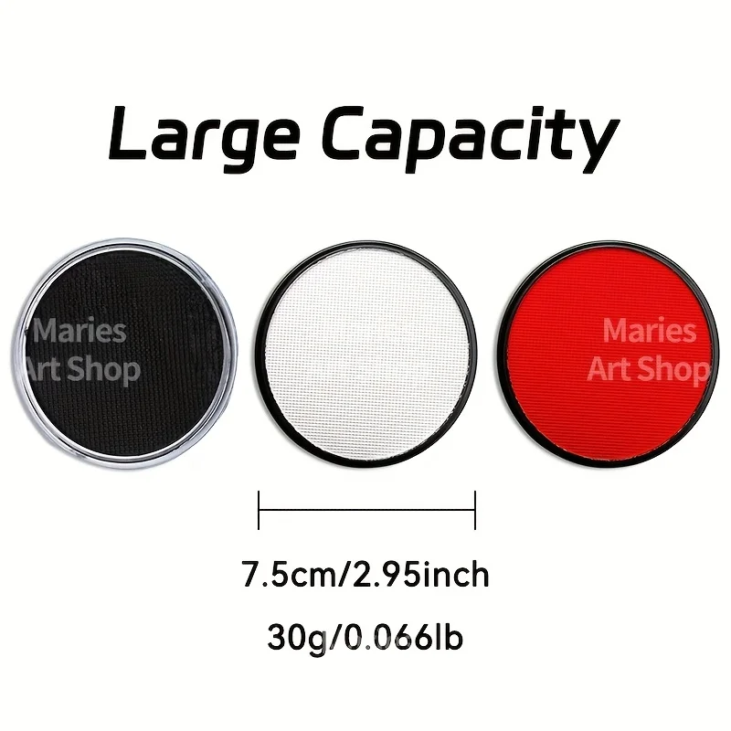6pcs Black+White+Red Water-Based Paint Set 30g with 3 Brushes for Theater,Halloween,Party,Cosplay,Clown,SFX,Makeup