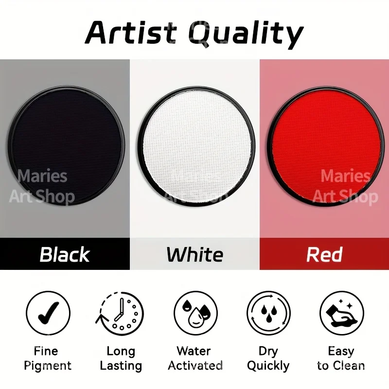 6pcs Black+White+Red Water-Based Paint Set 30g with 3 Brushes for Theater,Halloween,Party,Cosplay,Clown,SFX,Makeup