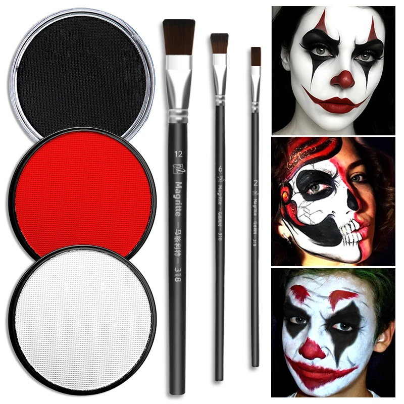6pcs Black+White+Red Water-Based Paint Set 30g with 3 Brushes for Theater,Halloween,Party,Cosplay,Clown,SFX,Makeup