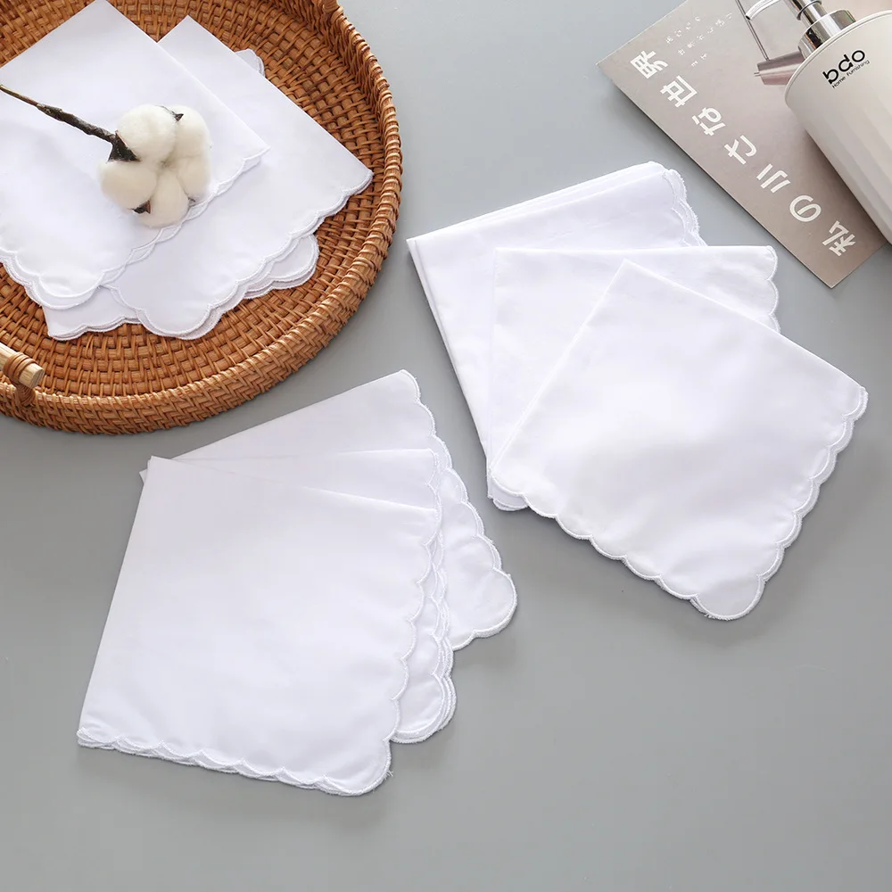 10Pcs Wedding Season Christmas 28cm White Cotton Crescent Edge Handkerchief Thin Combed