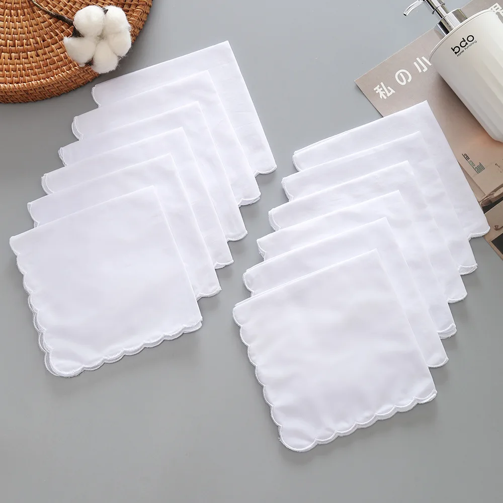 10Pcs Wedding Season Christmas 28cm White Cotton Crescent Edge Handkerchief Thin Combed