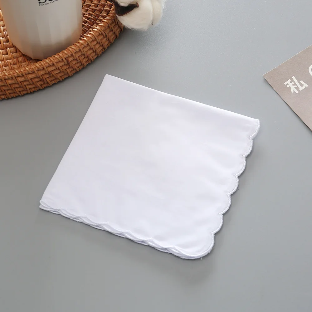 10Pcs Wedding Season Christmas 28cm White Cotton Crescent Edge Handkerchief Thin Combed