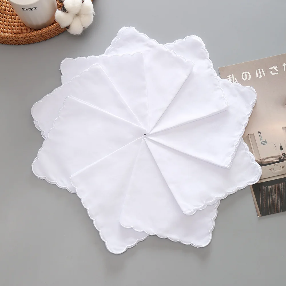 10Pcs Wedding Season Christmas 28cm White Cotton Crescent Edge Handkerchief Thin Combed