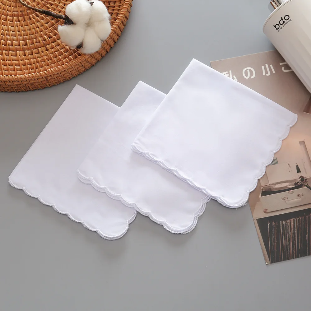 10Pcs Wedding Season Christmas 28cm White Cotton Crescent Edge Handkerchief Thin Combed