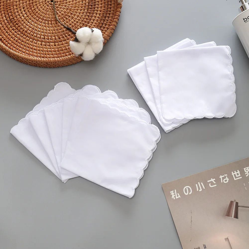 10Pcs Wedding Season Christmas 28cm White Cotton Crescent Edge Handkerchief Thin Combed