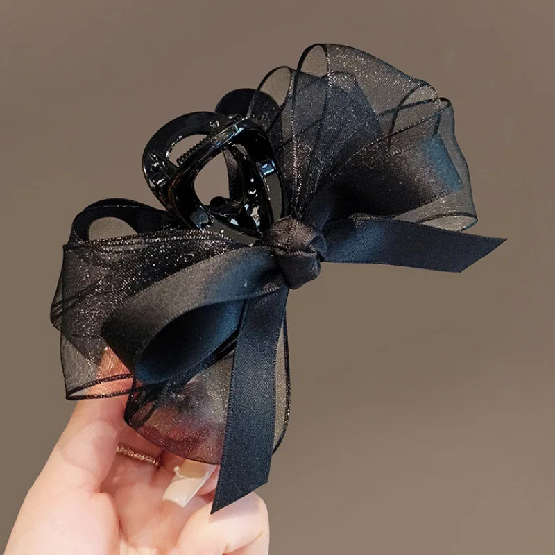 1pc Black mesh bow, grab clip, multiple hair clips, high-end headpiece, elegant shark clip