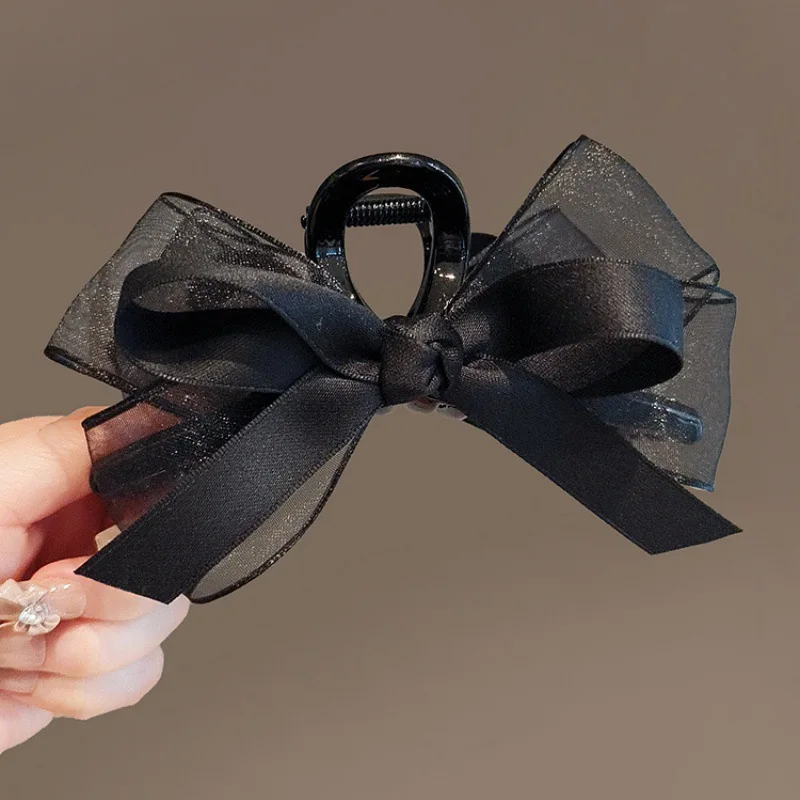 1pc Black mesh bow, grab clip, multiple hair clips, high-end headpiece, elegant shark clip