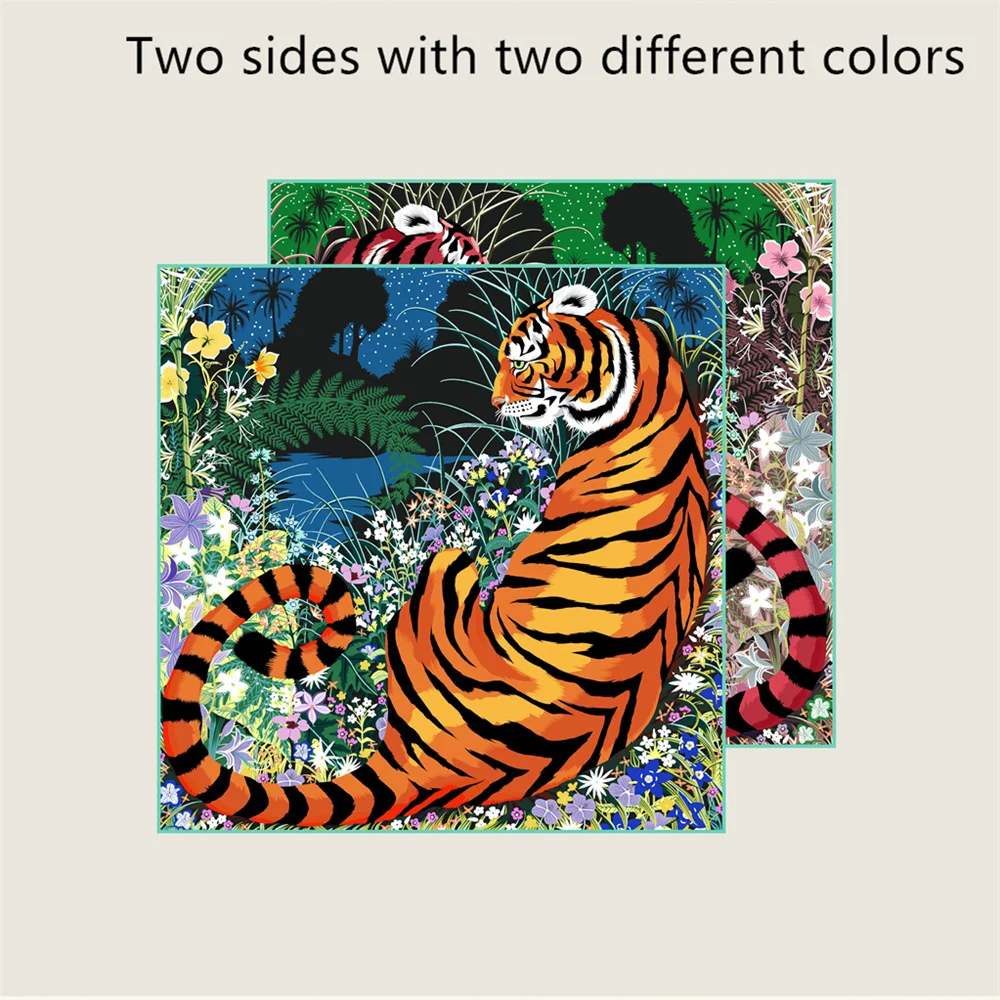 POBING Curled Twill Silk Scarf Women Luxury Tiger Double Side Printed Square Scarves Wraps Echarpes Foulards Femme Hijab 70CM