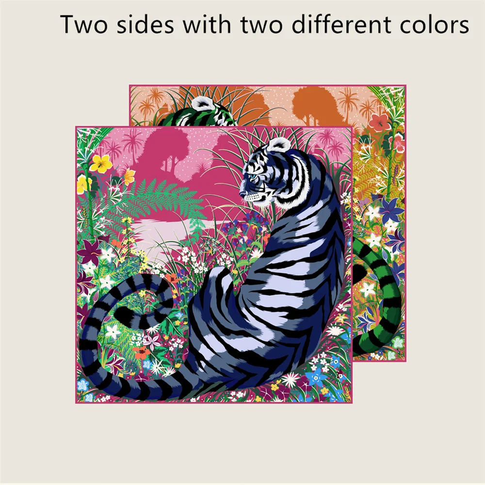 POBING Curled Twill Silk Scarf Women Luxury Tiger Double Side Printed Square Scarves Wraps Echarpes Foulards Femme Hijab 70CM