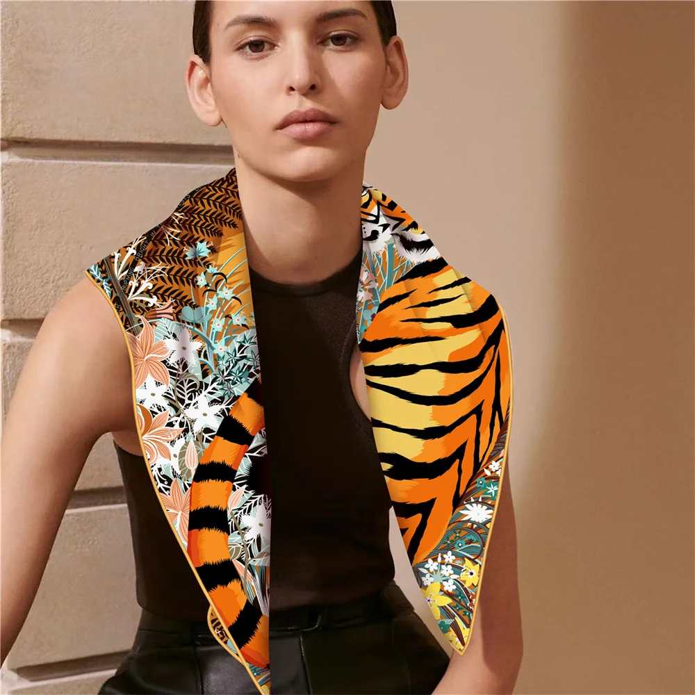 POBING Curled Twill Silk Scarf Women Luxury Tiger Double Side Printed Square Scarves Wraps Echarpes Foulards Femme Hijab 70CM