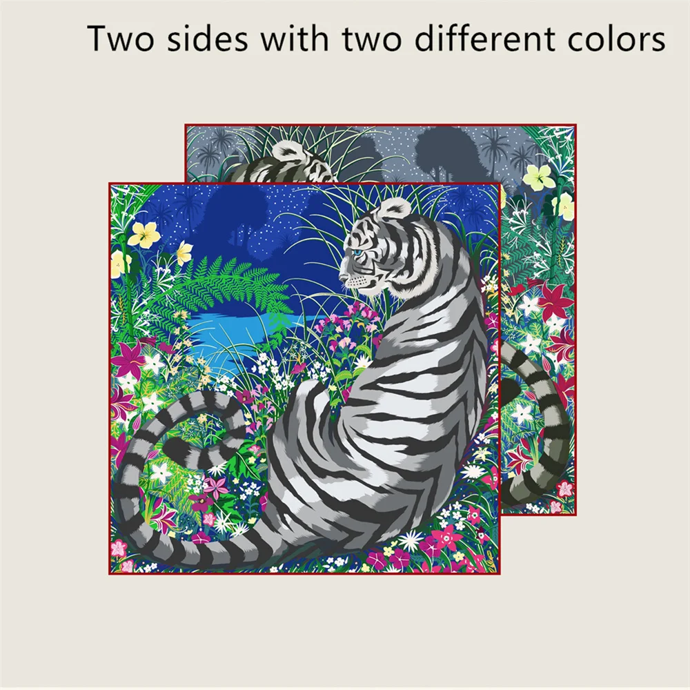 POBING Curled Twill Silk Scarf Women Luxury Tiger Double Side Printed Square Scarves Wraps Echarpes Foulards Femme Hijab 70CM