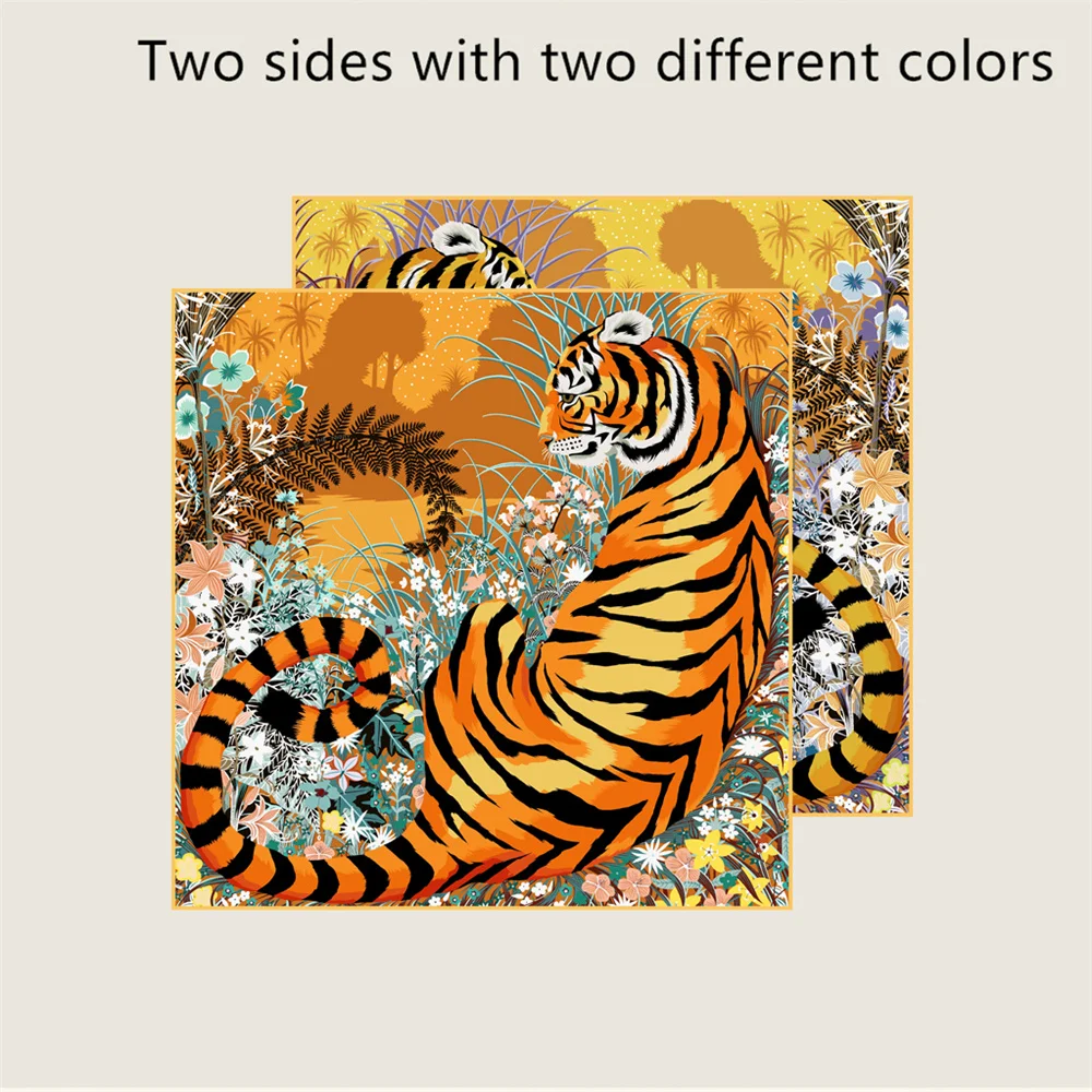 POBING Curled Twill Silk Scarf Women Luxury Tiger Double Side Printed Square Scarves Wraps Echarpes Foulards Femme Hijab 70CM