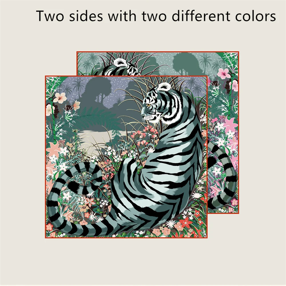POBING Curled Twill Silk Scarf Women Luxury Tiger Double Side Printed Square Scarves Wraps Echarpes Foulards Femme Hijab 70CM