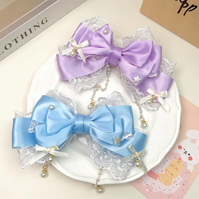 Exquisite and Sweet Lace Pearl Chain Big Bow Pearl Pink Cute Princess Headpiece Hair Clip Accessories Lolita Headpiece Hair Clip