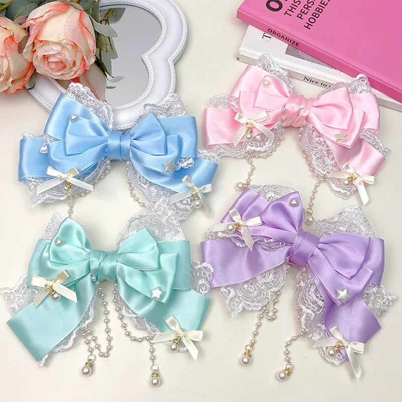 Exquisite and Sweet Lace Pearl Chain Big Bow Pearl Pink Cute Princess Headpiece Hair Clip Accessories Lolita Headpiece Hair Clip