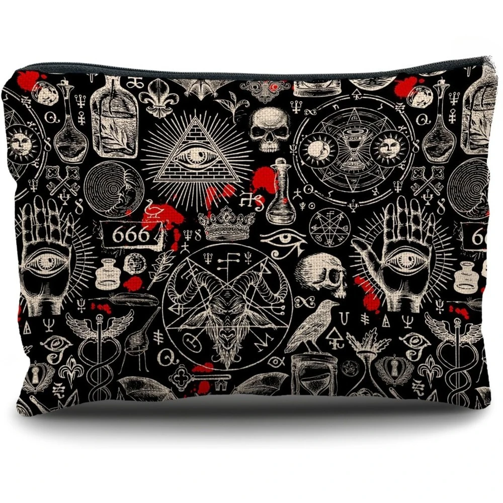 1pc Gothic Makeup Bag with Gothic Symbols (Pentagrams, Skulls, Bats, Occult) - Black & Red Gothic Cosmetic Case