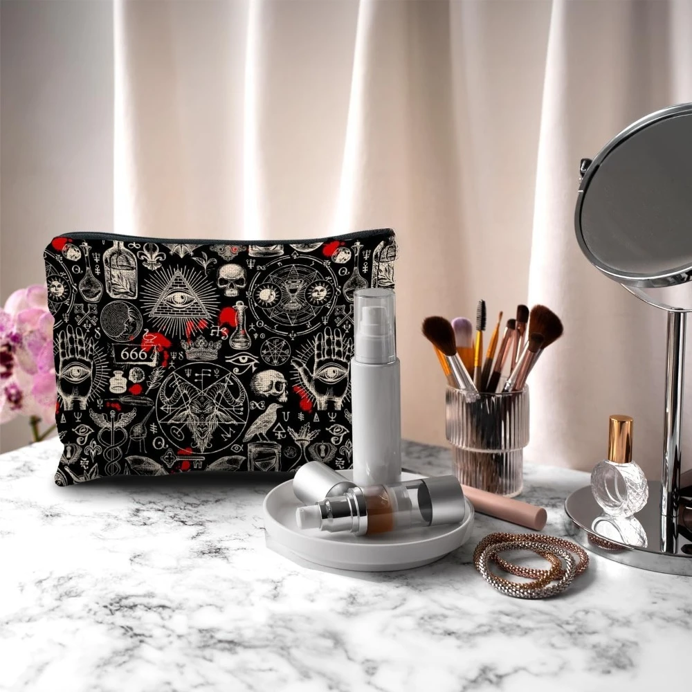 1pc Gothic Makeup Bag with Gothic Symbols (Pentagrams, Skulls, Bats, Occult) - Black & Red Gothic Cosmetic Case