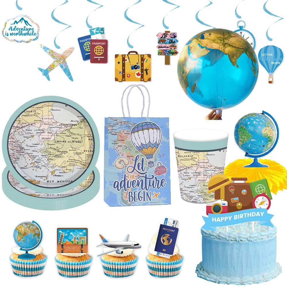Global Travel Disposable Tableware Plates Cups Hanging Spiral Cake Topper Balloons Adventure Retirement Graduation Party Decor