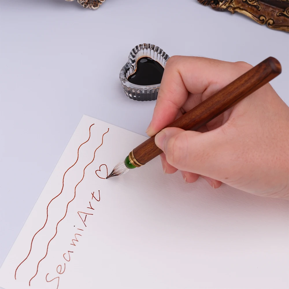SeamiArt 1pc Wood Handle Glass Dip Pen for Calligraphy Students Writing Stationery Gift Fountain Pen Stationery Supplies