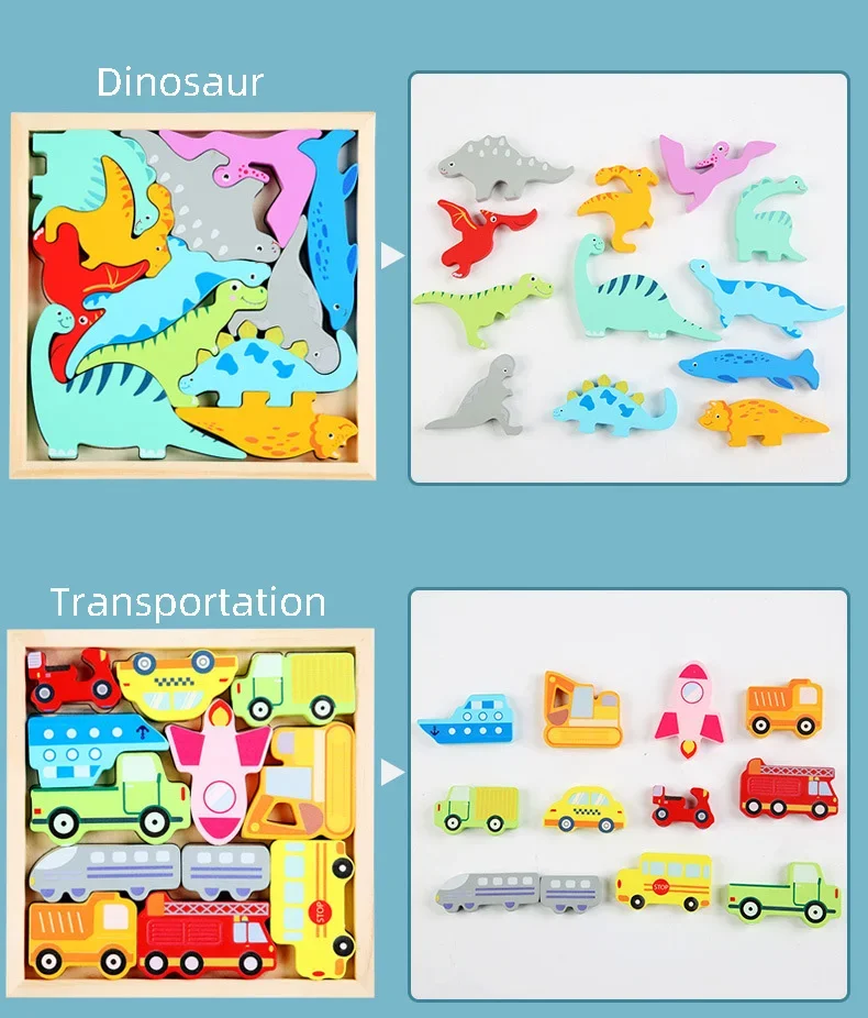 Children Montessori Wooden Toys Block Cartoon Animal Three-dimensional Jigsaw Puzzle Early Education Grab Board 3d Puzzle Toys