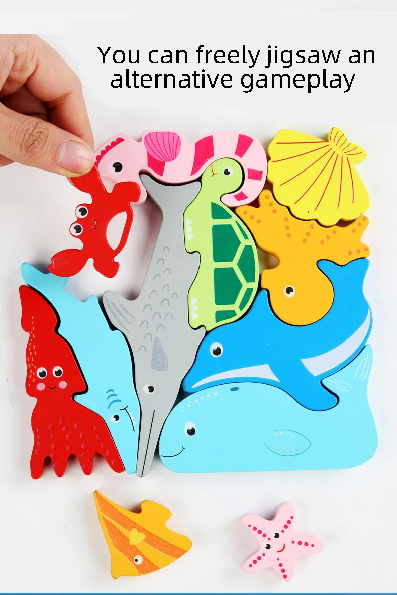 Children Montessori Wooden Toys Block Cartoon Animal Three-dimensional Jigsaw Puzzle Early Education Grab Board 3d Puzzle Toys