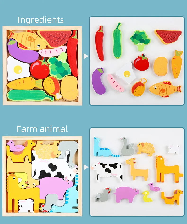 Children Montessori Wooden Toys Block Cartoon Animal Three-dimensional Jigsaw Puzzle Early Education Grab Board 3d Puzzle Toys