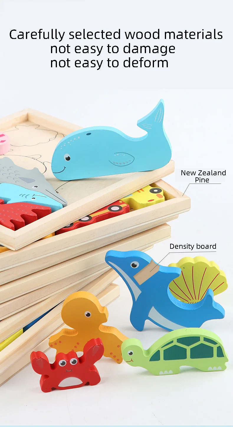 Children Montessori Wooden Toys Block Cartoon Animal Three-dimensional Jigsaw Puzzle Early Education Grab Board 3d Puzzle Toys