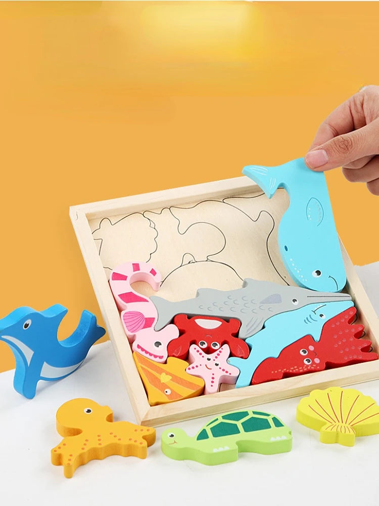 Children Montessori Wooden Toys Block Cartoon Animal Three-dimensional Jigsaw Puzzle Early Education Grab Board 3d Puzzle Toys