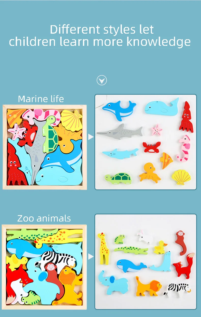 Children Montessori Wooden Toys Block Cartoon Animal Three-dimensional Jigsaw Puzzle Early Education Grab Board 3d Puzzle Toys