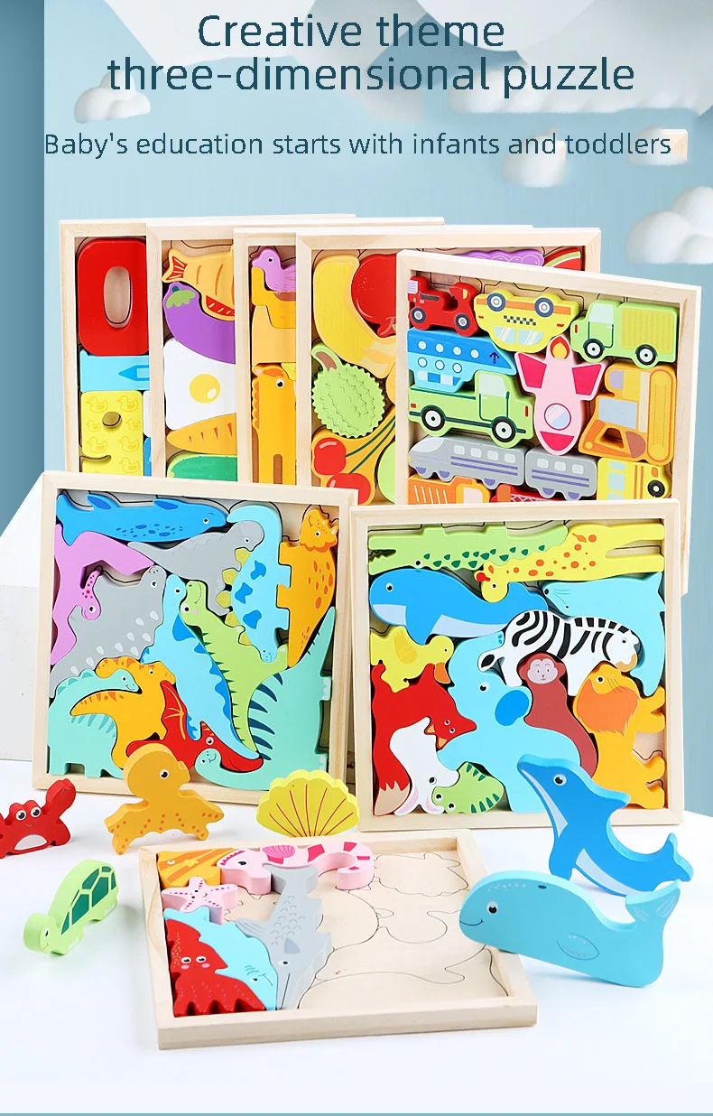 Children Montessori Wooden Toys Block Cartoon Animal Three-dimensional Jigsaw Puzzle Early Education Grab Board 3d Puzzle Toys