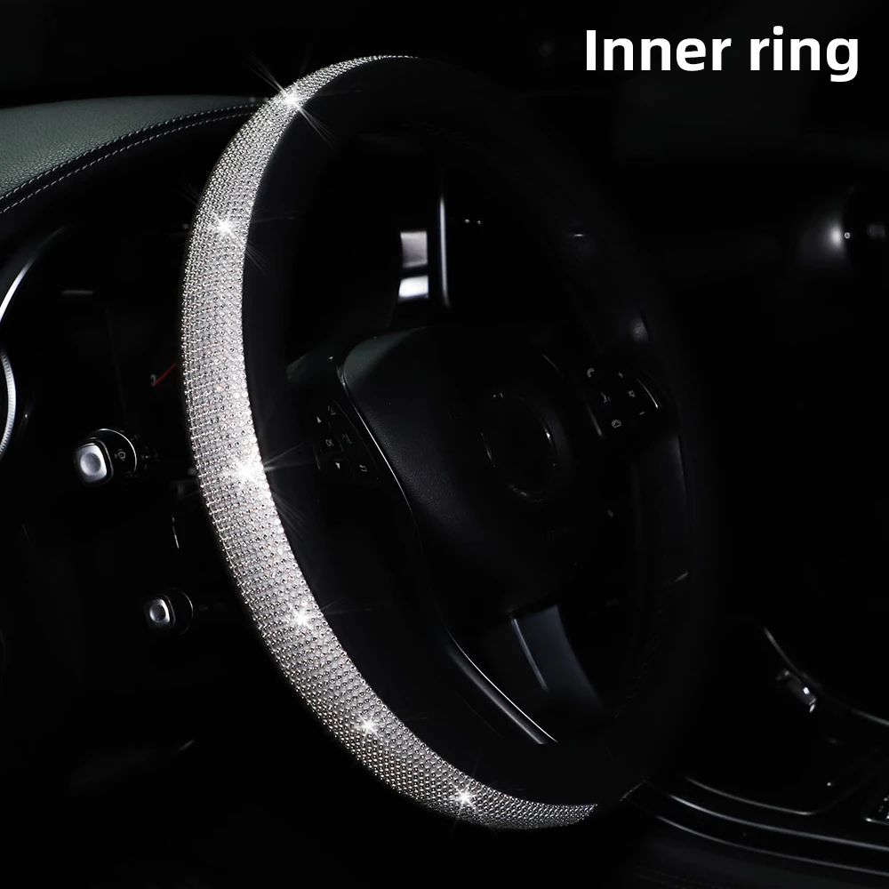 Women's PU Leather Car Interior Wheel Cover with Flashing Mesh Rhinestones for 14.5-15 Inch Car Accessories