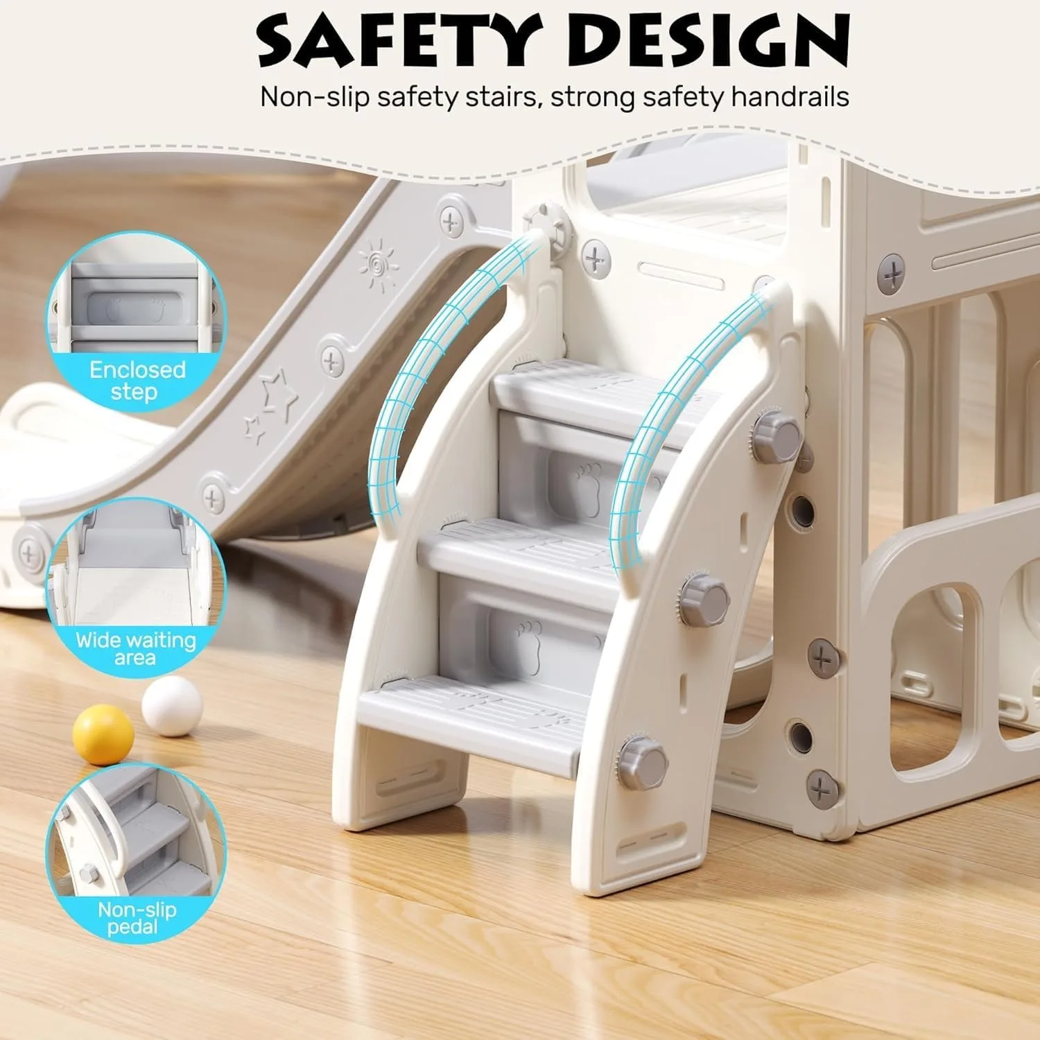 Children's slide, multifunctional Toddler Slide With Playpen, Storage Space and Non-slip Steps, Indoor & Outdoor Pla(Gray White)