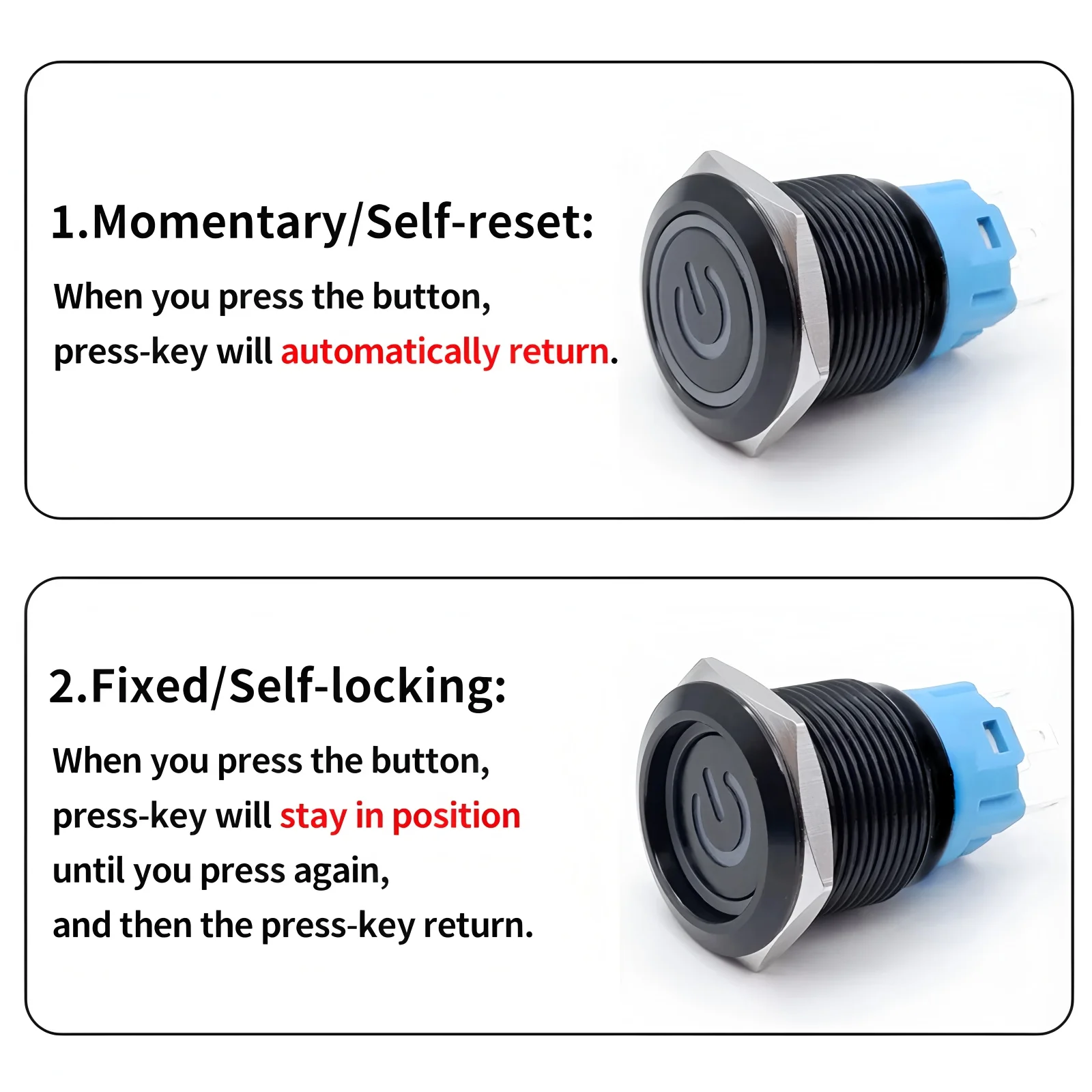 16/19/22MM Two Color LED Black Waterproof Metal Button Switch Power Symbol Suitable for Cars Ships Motorcycles 6V 12V 24V 220V
