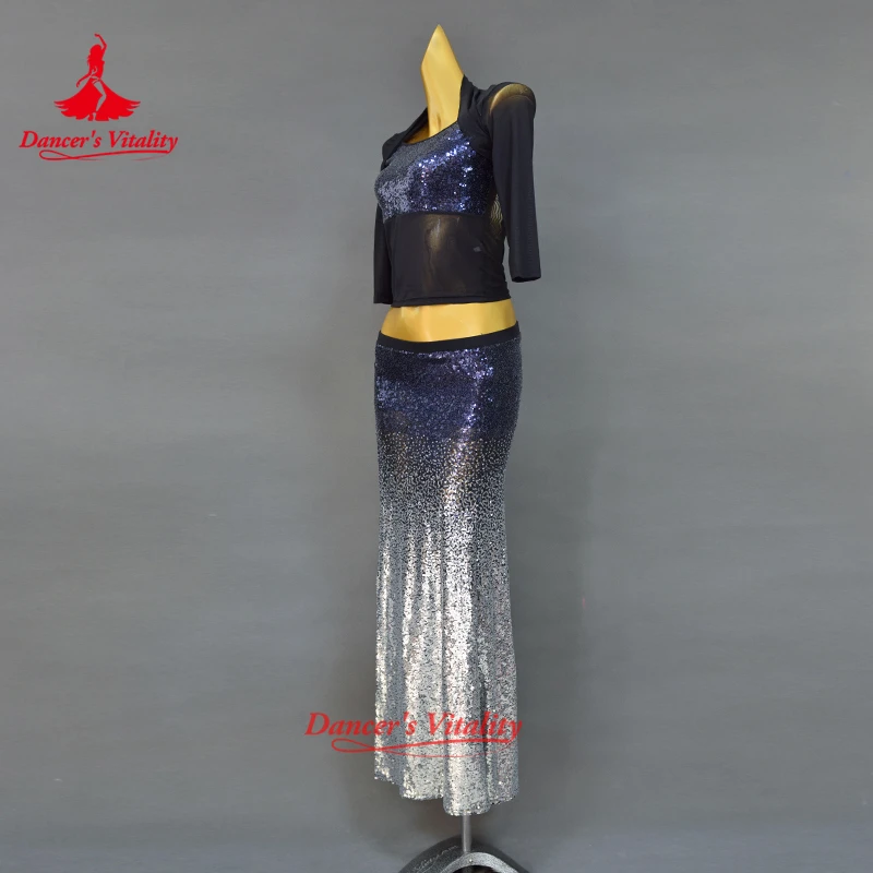 Women New Belly Dance Set Oriental Dance Dance Competition Sequin Costume Top+Fishtail Skirt 2pcs gypsy skirt costume set