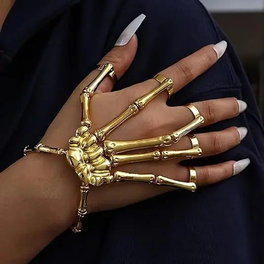 Skeleton Hand Bracelet Halloween Jewelry Decoration Skull Skeleton Hands with Snake Full Finger Rings for Women Men Punk