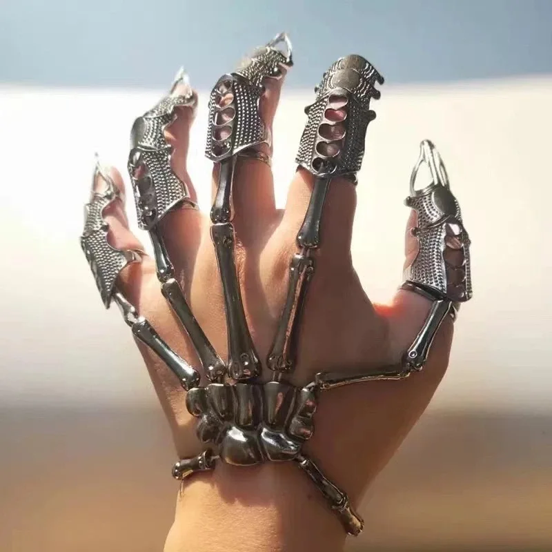 Skeleton Hand Bracelet Halloween Jewelry Decoration Skull Skeleton Hands with Snake Full Finger Rings for Women Men Punk