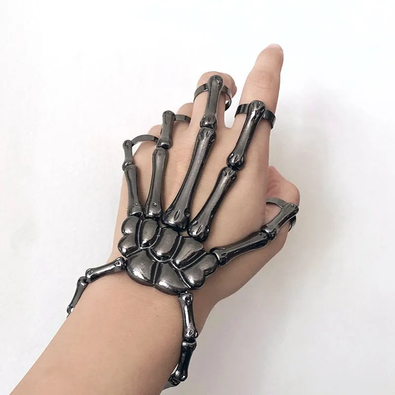 Skeleton Hand Bracelet Halloween Jewelry Decoration Skull Skeleton Hands with Snake Full Finger Rings for Women Men Punk