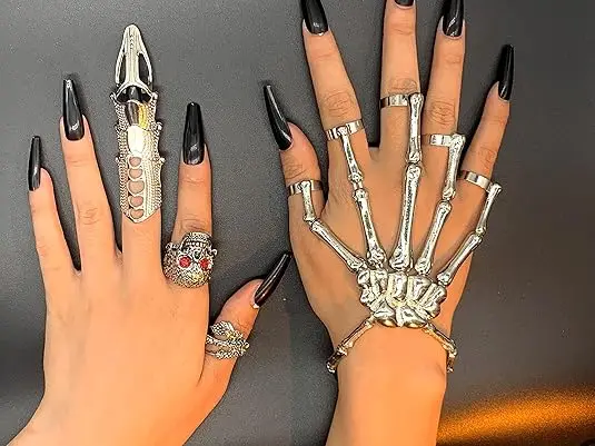 Skeleton Hand Bracelet Halloween Jewelry Decoration Skull Skeleton Hands with Snake Full Finger Rings for Women Men Punk