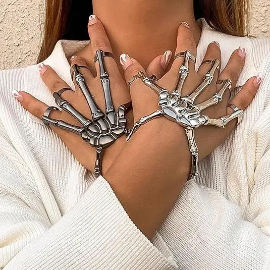 Skeleton Hand Bracelet Halloween Jewelry Decoration Skull Skeleton Hands with Snake Full Finger Rings for Women Men Punk